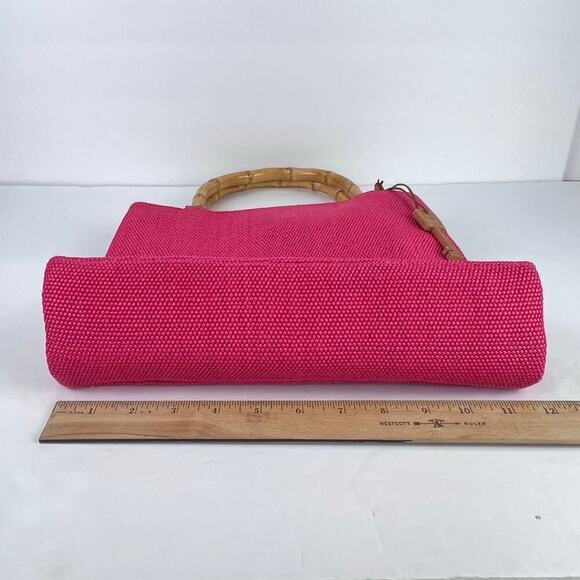 Fossil Bamboo Wooden Handle Woven Satchel Coral Salmon Pink Purse Hand Bag - Picture 11 of 11
